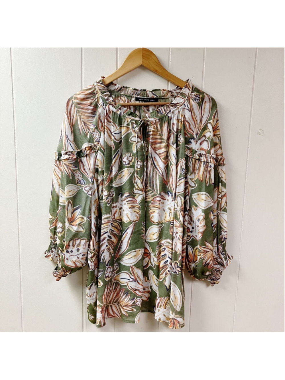 Fall Transition Autumn Leaf Peasant Tunic Blouse Plus SZ 3X Green Boho Ruffled - Picture 2 of 8